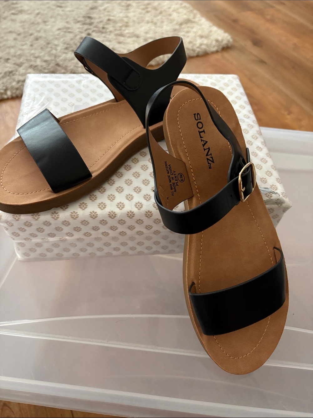 SOLANZA Black Two-Strap Women's Sandals with Gold Buckle